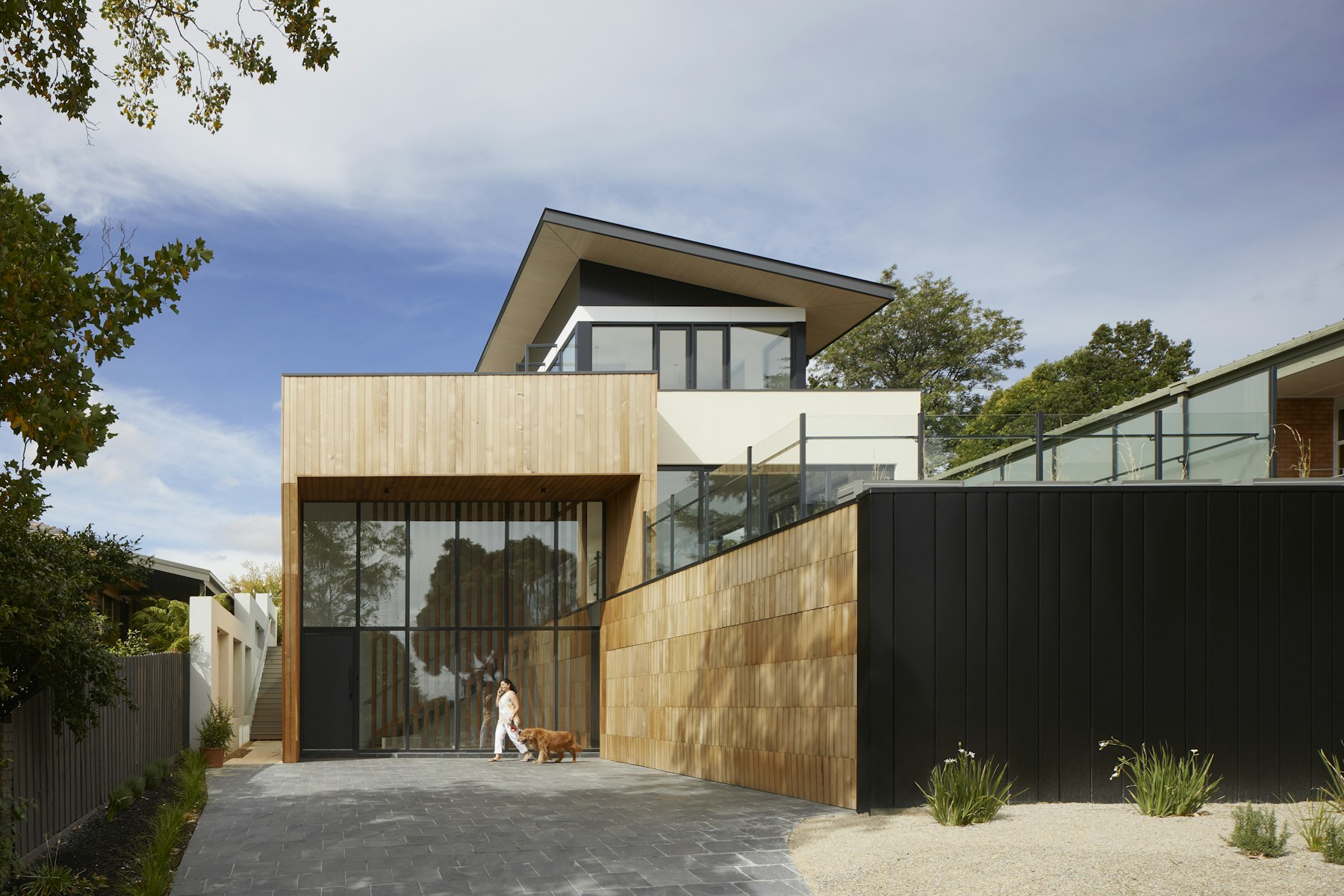 Warm modern addition in timber and dark metal
