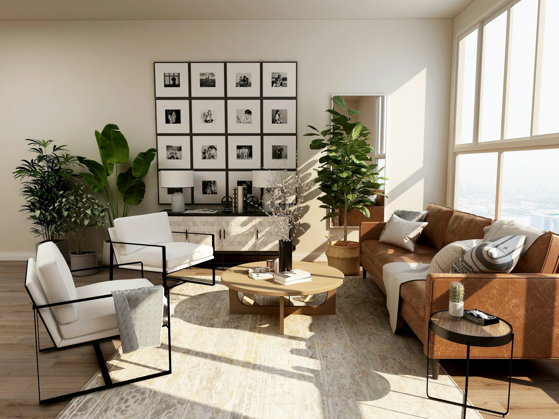 Sunlit living room with warm leather and native plants